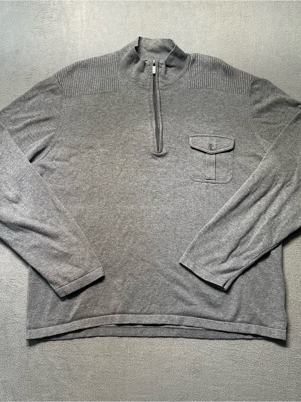 Michael Kors Mens XL Quarter Zip Sweater Gray Cotton Dadcore Pocket EUC